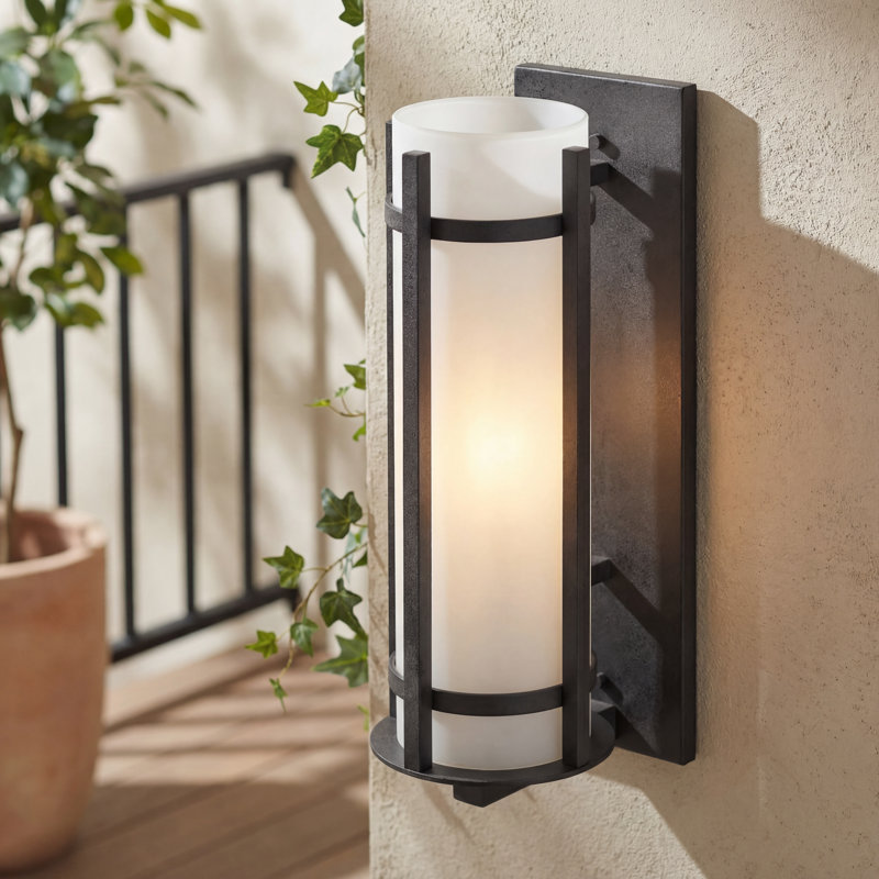 Millbourne Anvil Iron 22.5-inch 2-Light Outdoor Wall Light with Etched Glass Shade, 22.5" H x 7" W x 7.75" D / Incandescent