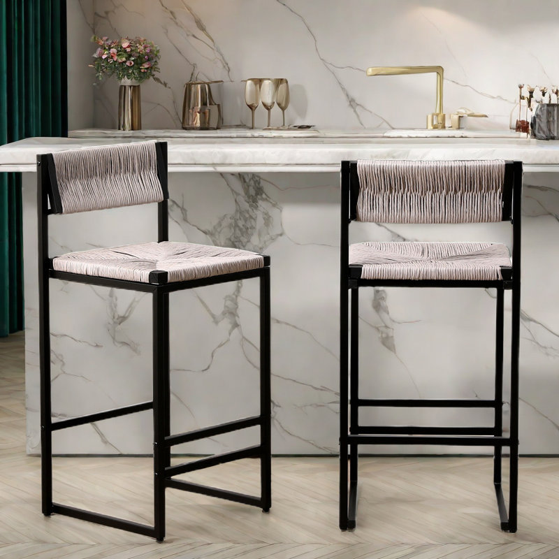 Bar Stools Set Of 2 Paper Rope Weave Dining Chairs And Metal Frame, Gray