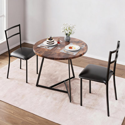 Ensemble de table de salle à manger 3 pièces pour 2 personnes - table de cuisine pour petit espace et 2 chaises rembourrées - structure en métal, plateau en grain de bois - coin-repas pour appartement / studio - couleur rétro