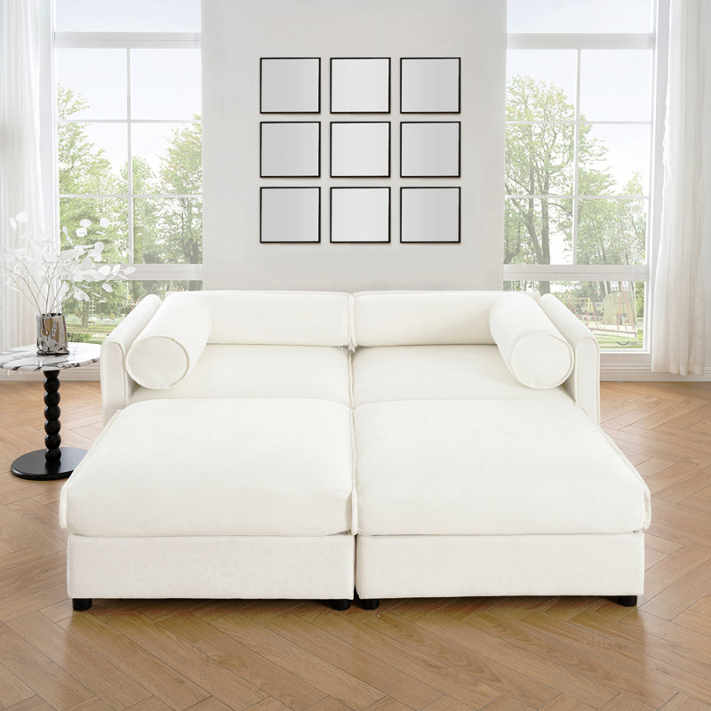 Élégant canapé en chenille blanc à 2 places avec 2 sièges de rangement pour repose-pieds, dossier cylindrique et accoudoirs, causeuse moderne en tissu avec espace de rangement caché