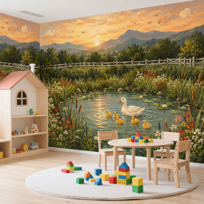 Peel and Stick Wallpaper 100" L x 144" W Modern Self Adhesive Wall Mural for Bedroom - With Duck Family Pond Wildflower Meadow Landscape Countryside Print