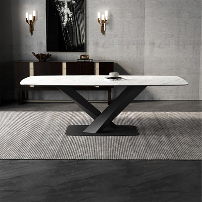 Table de salle à manger blanche et noire en pierre frittée rectangulaire et acier au carbone