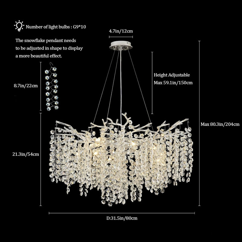 Lustre moderne en cristal K9, Argent argent, 10 lumières, H 17,72 po x l 31,49 po x P 31,5 po 