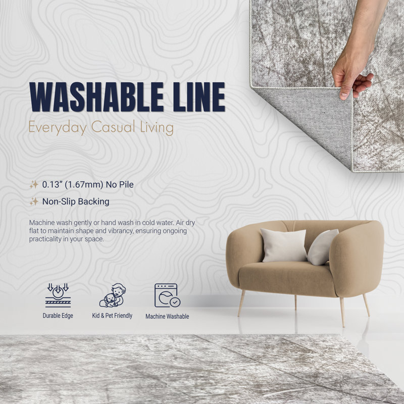 Machine Washable Gray Area Rug, Runner 2' x 4'
