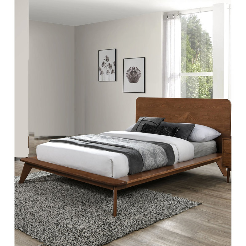 Lit plateforme en bois massif de très grande taille Mid-Century en noyer de style oriental, tête de lit à panneau, pieds inclinés fuselés, lit simple de style moderne pour chambre à coucher, unité avec matelas