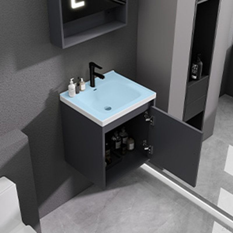 Meuble-lavabo 16 po avec lavabo en céramique et porte d'armoire à fermeture en douceur, fixation murale flottante, bonde escamotable, siphon en P inclus (sans robinet), K1 (incluant A +)