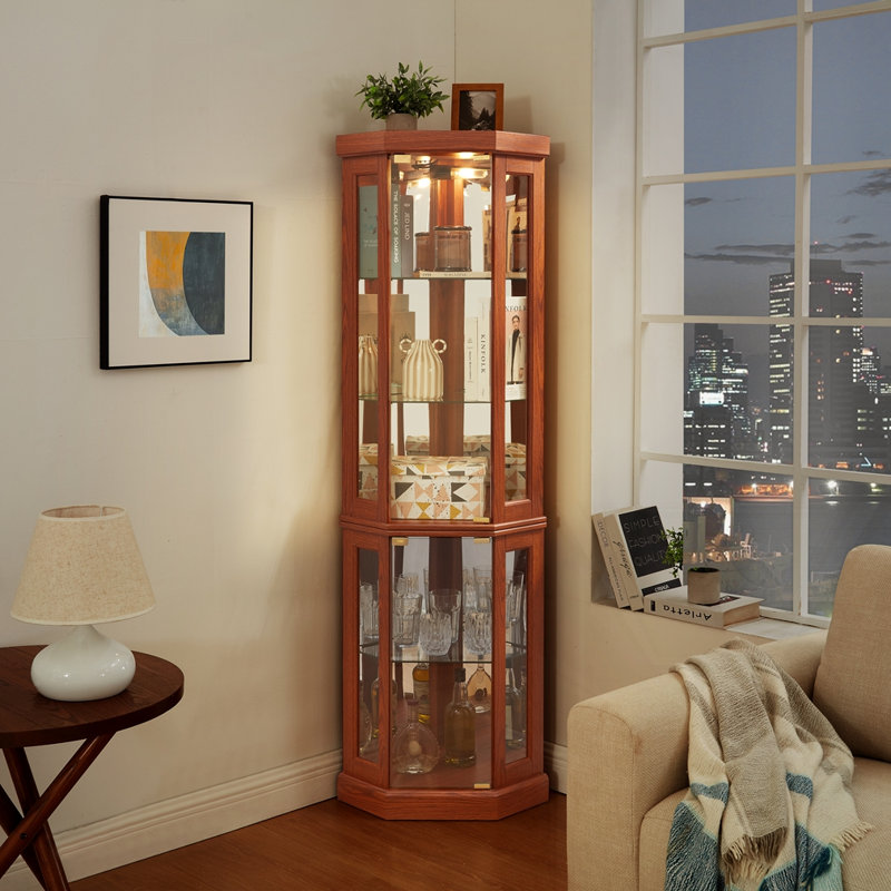 Vitrine de coin lumineuse, Chêne foncé