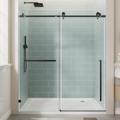 56"-60" W X 78" H Frameless Single Sliding Shower Door, Matte Black Bathtub Door, 3/8" (10Mm) Clear Tempered Glass With Explosion-Proof Film, Stainless Steel Handle
