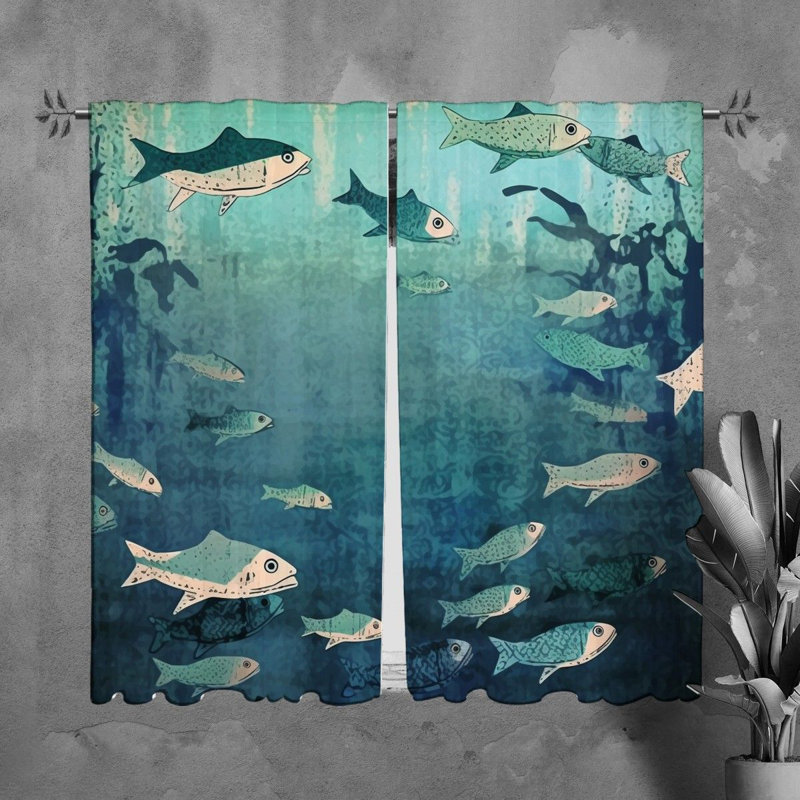 Fish Window Curtains Animals Blue Drapes, H 82 po x l 40 po