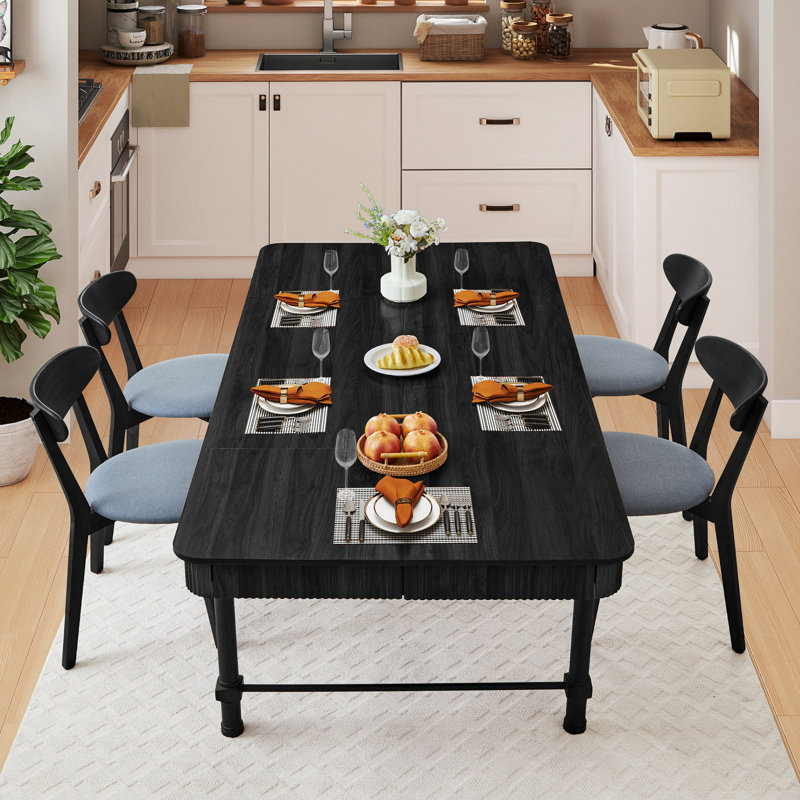 78.74'' Rectangular Farmhouse Dining Table With Drawer, Black