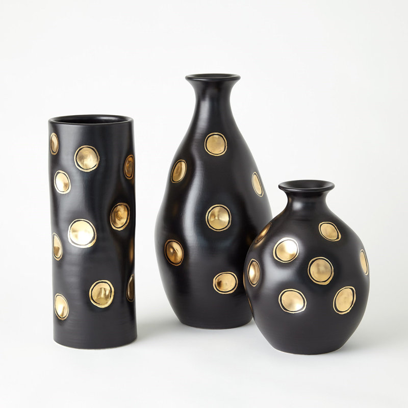 Dimples Handmade Ceramic Table Vase, Black/Gold