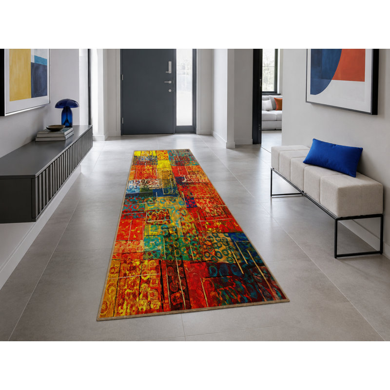 Modern Orange Red Woven Based Washable Rug, Round 3'4"