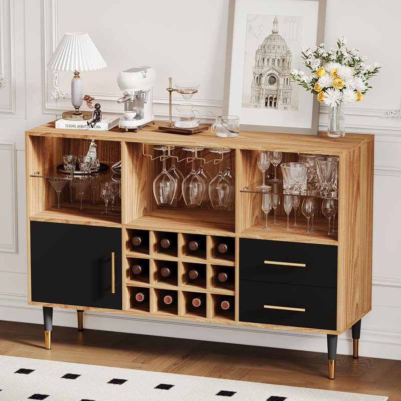 47" Bar Cabinet with LED Lights & Charging Station, Freestanding Liquor Cabinet with Wine Storage, Compact Home Bar for Living Room & Kitchen, Natural