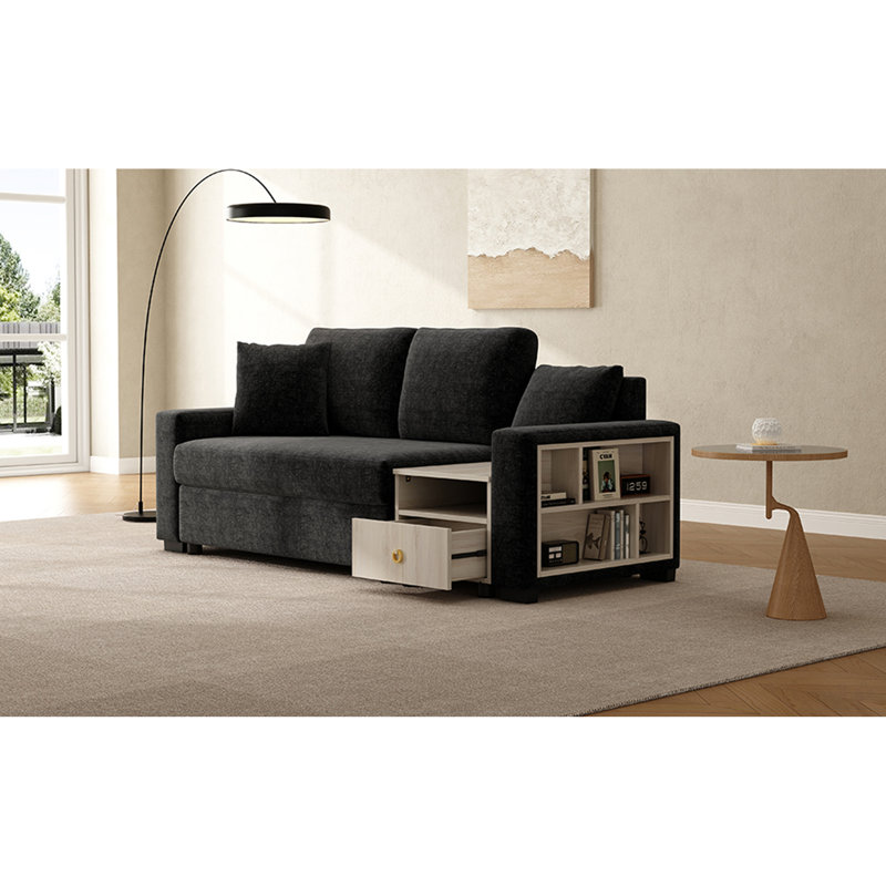 Canapé modulaire rembourré avec accoudoirs de rangement et console centrale pour salon Modern, Chenille noir