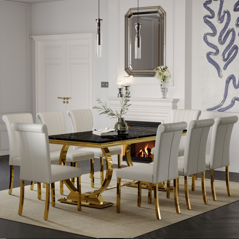 Ensemble de 9 tables de salle à manger de luxe en faux marbre noir et or avec 8 chaises en cuir blanches, Noir et or, Blanc