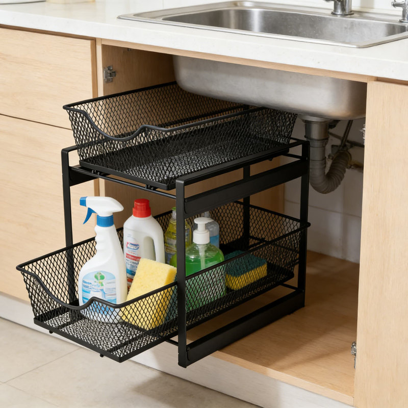 Support de rangement sous le lavabo à 2 niveaux en métal, solution de rangement polyvalente pour l'organisation de la salle de bain et du garde-manger