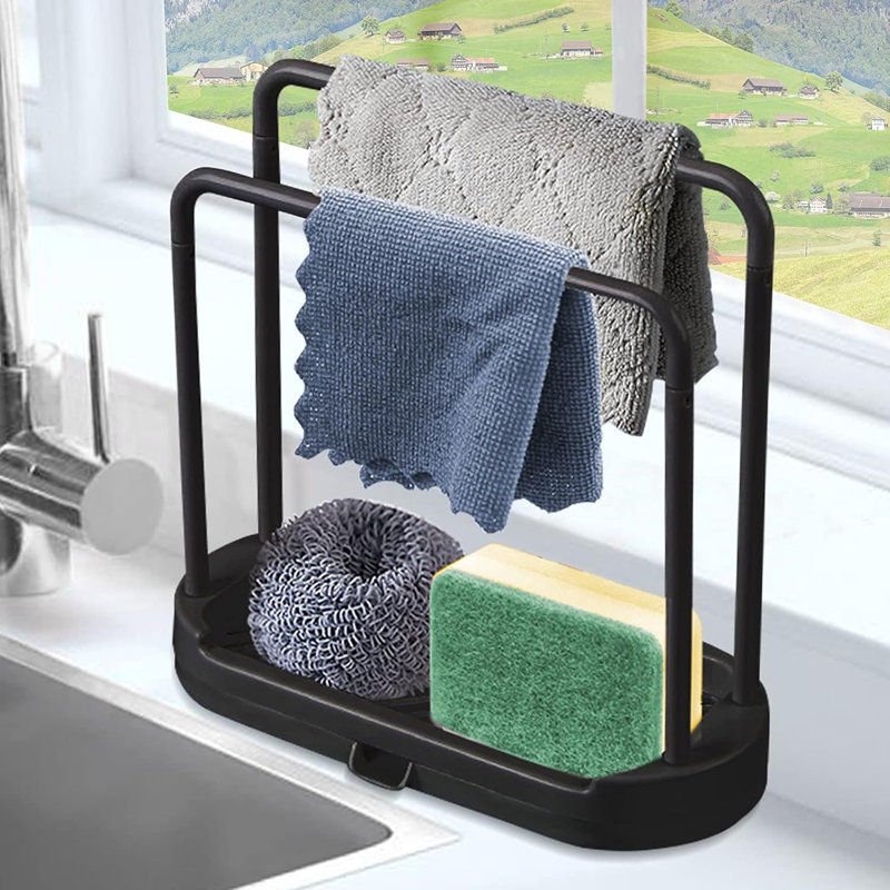 Kitchen Sink Rack & Tray Organizer Stand For Sponge, Dish Cloth, Brush, And Scrubber Storage, Black