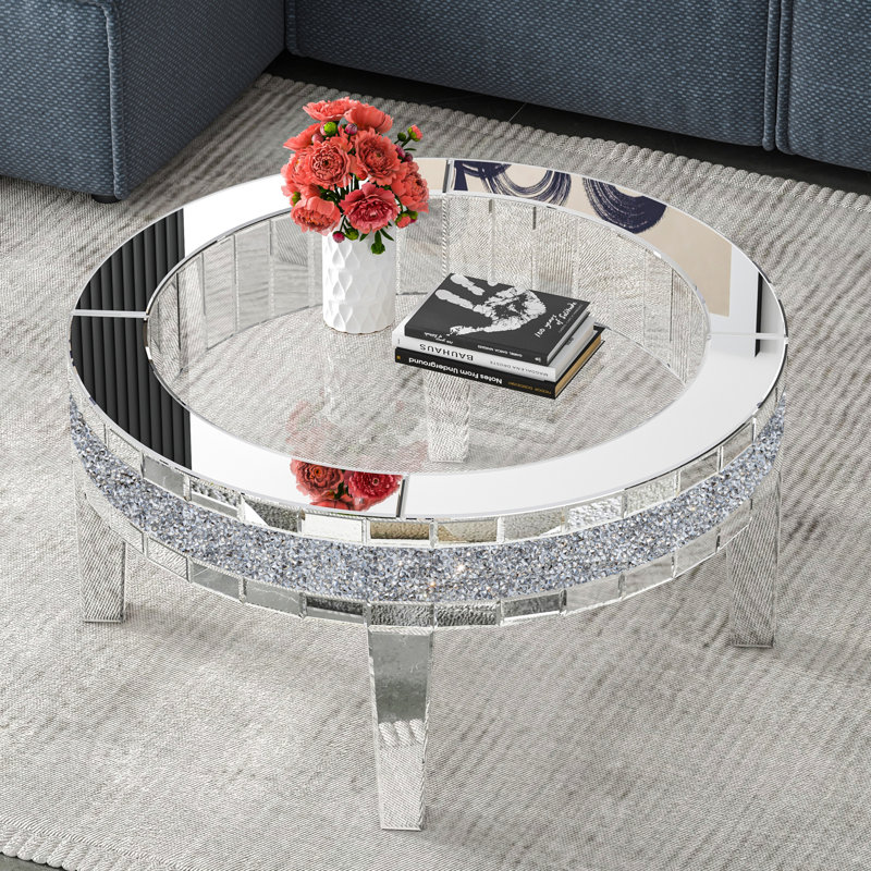 Glass Mirrored Four Leg Coffee Table Mirrored Diamonds Inlay Low Coffee Table 90.3x90.3cm