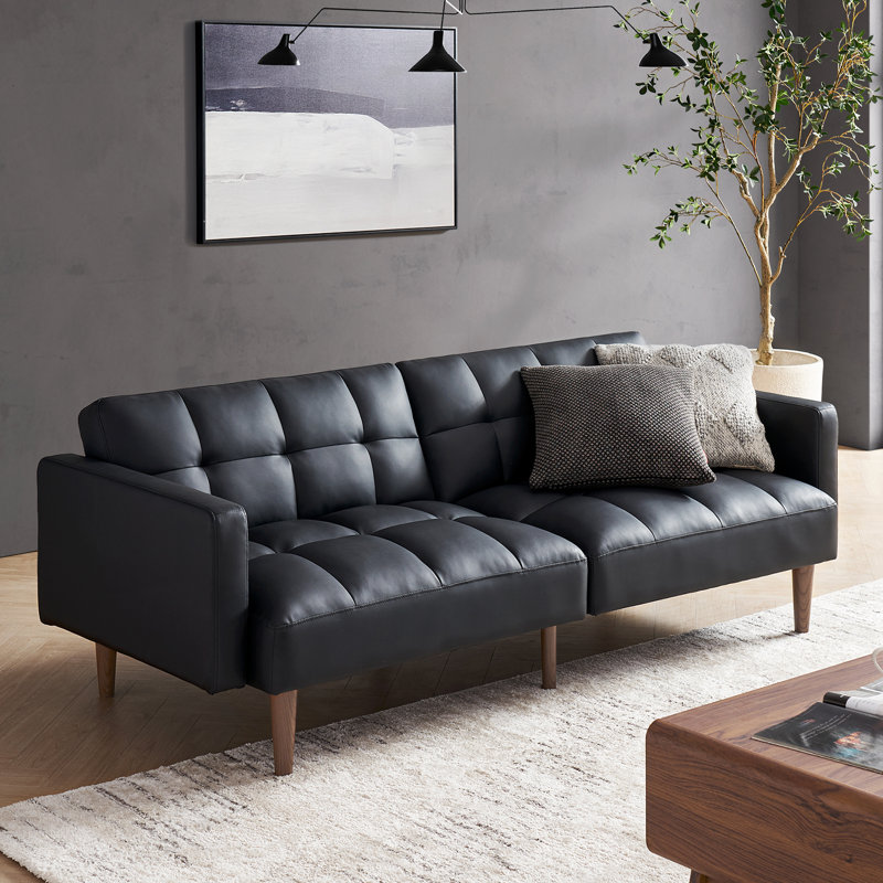 Reiana Twin 76.8'' Faux Leather Convertible Sofa, Midnight Black Faux Leather