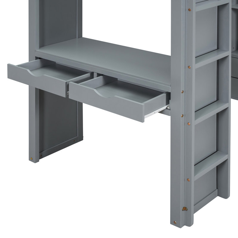 Lit mezzanine de taille grise avec beaucoup de DEL et de tablettes, bureau d'écriture - et polyvalent avec bureau fonctionnel spacieux et sécuritaire