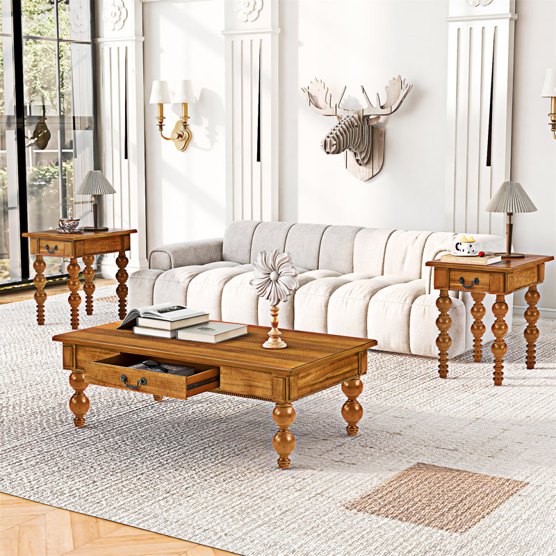 Ensemble de 3 tables basses en bois avec tiroirs, Naturel