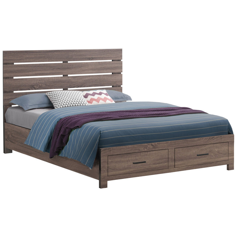 Très grand lit en chêne oriental avec tête de lit à lattes et rangement pratique, lit d’appel esthétique, fonction, stratifié en papier, plateforme prête pour le matelas