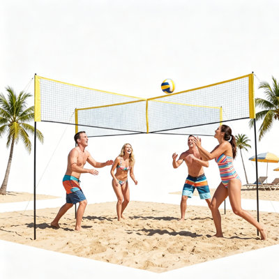 4 Square Volleyball Net Set with 3 Adjustable Heights, 14 ft Adjustable Height 4 Way Volleyball Game Set with Volleyball & Carry Bag, Portable Outdoor Volleyball Net for Backyard, Beach, Lawn.