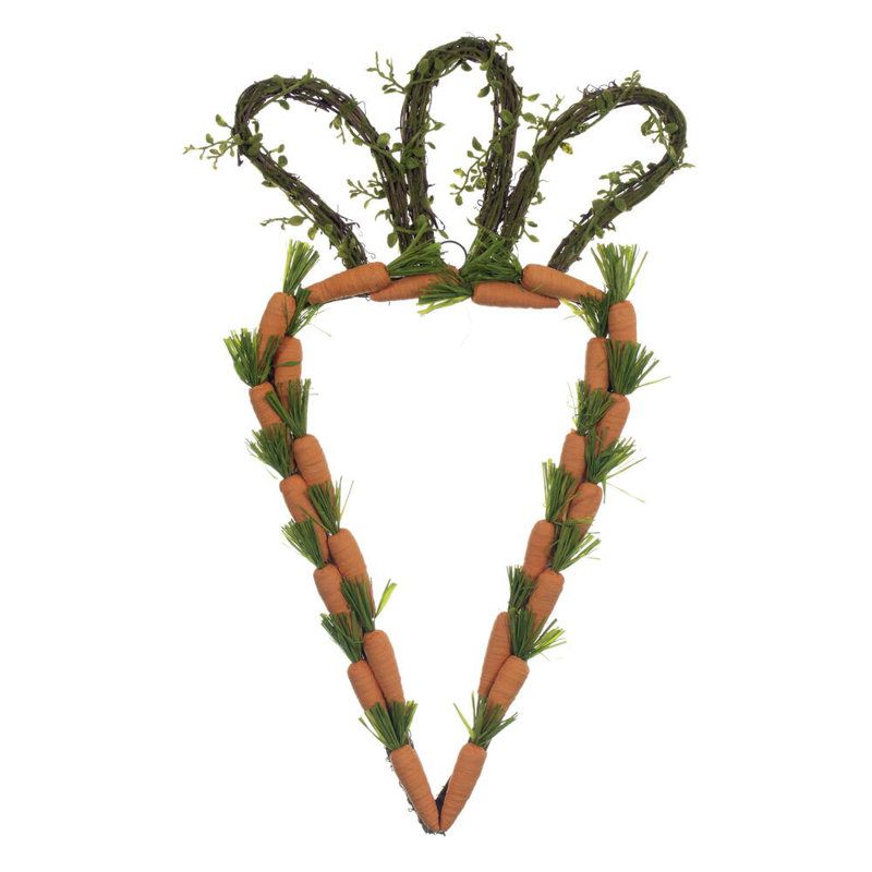 22" Artificial Orange Carrot Wreath. Features orange carrots on a carrot shaped wreath.