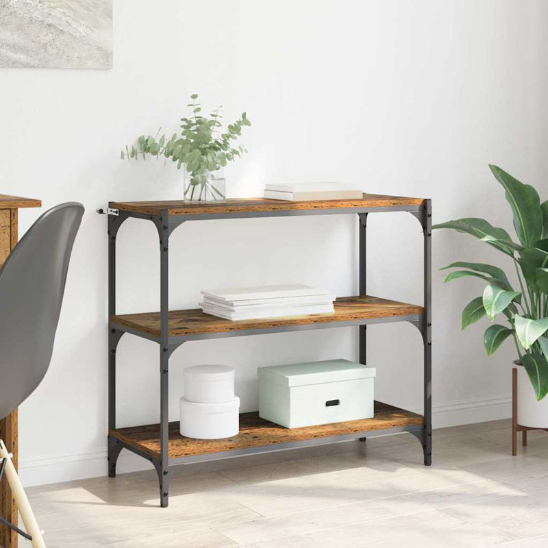 Iron Book Cabinet Bookcase, Old Wood, (2 Shelves) 71cm. H x 77cm. W x 30cm. D
