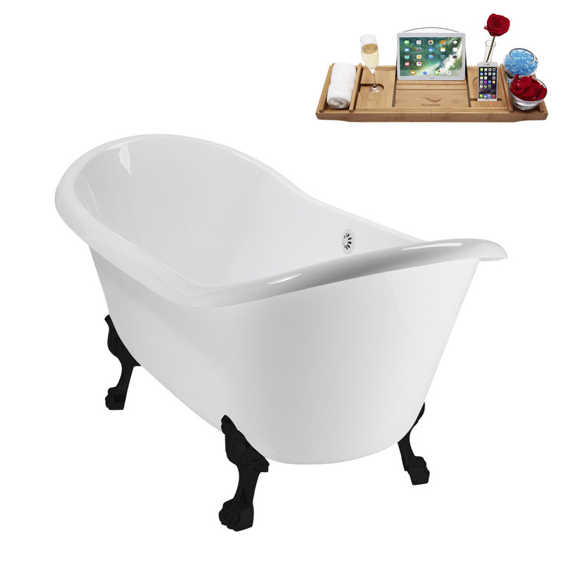 71" Streamline Clawfoot Tub,Tray,Drain and Clawfeet, Matte Black, Glossy White