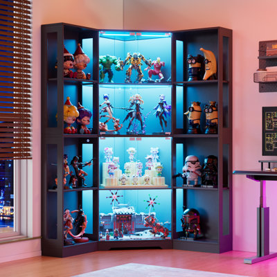 Vitrine de coin avec portes vitrées et éclairage à DEL, vitrine haute de 65 po pour objets de collection, livres et jouets, bibliothèque à 8 tablettes pour le salon, la chambre à coucher, le bureau