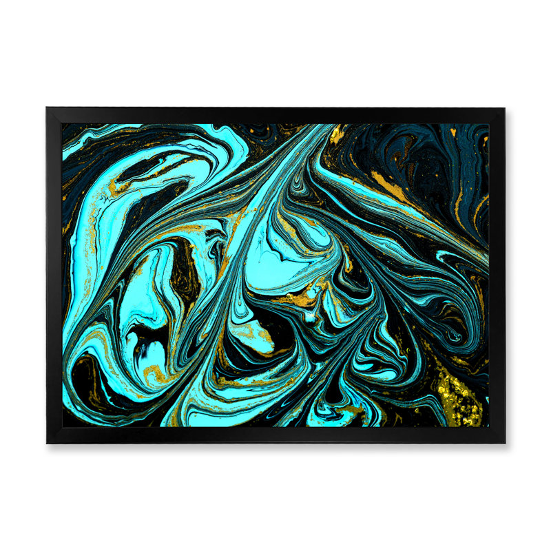 Art abstrait marbré turquoise abstrait - décoration murale moderne en toile, H 30 po x l 40 po x P 1,5 po, Cadre photo noir