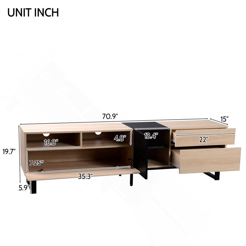Modern Tv Stand For 80 Inch Tv With Double Storage Space & Drop Down Doors, Natural