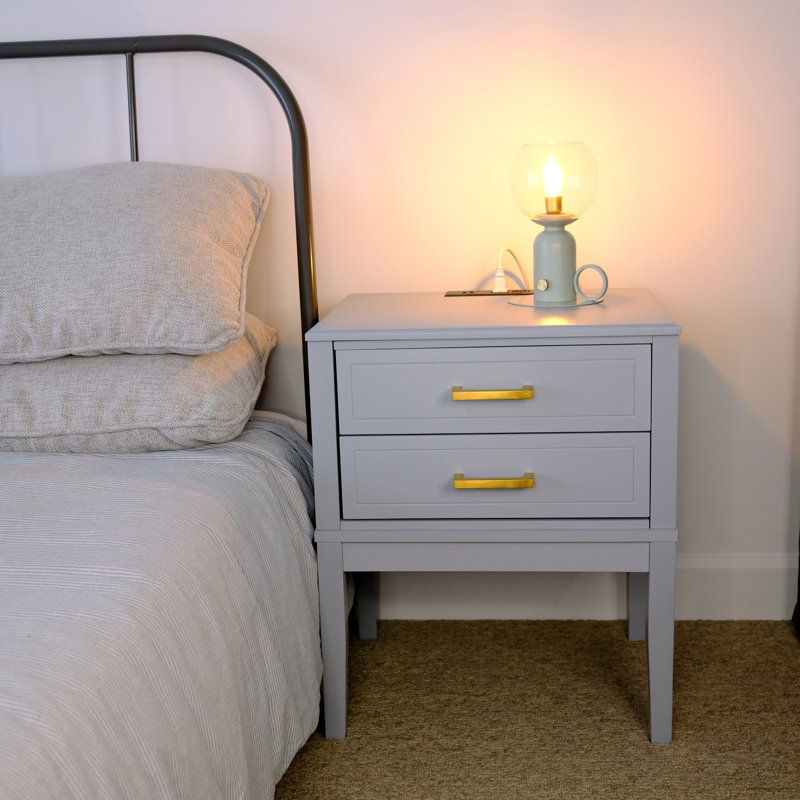 Table d'appoint 2 tiroirs avec station de charge, table de chevet moderne Mid-Century, 2 ports USB, 2 prises, gris