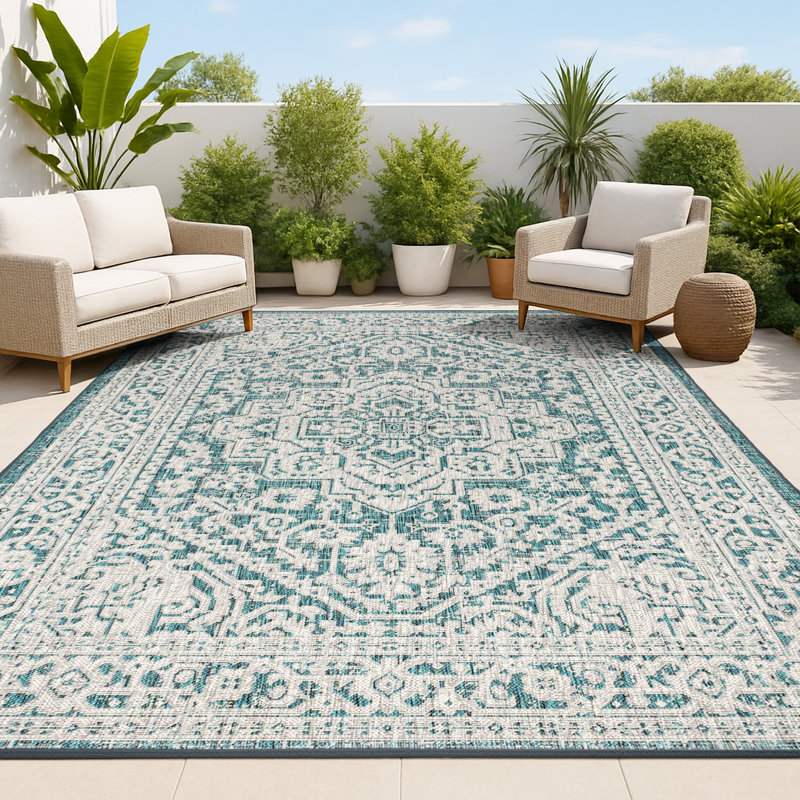 Moten Medallion Textured Weave Teal Blue/Gray Indoor/Outdoor Rug, Rectangle 5'3" x 7'7"
