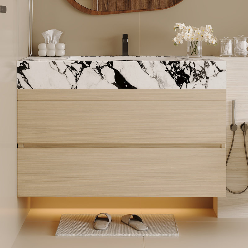 Meuble-lavabo suspendu moderne de 76 cm (30 po) avec comptoir en pierre frittée, lavabo en céramique et rangement à fermeture en douceur