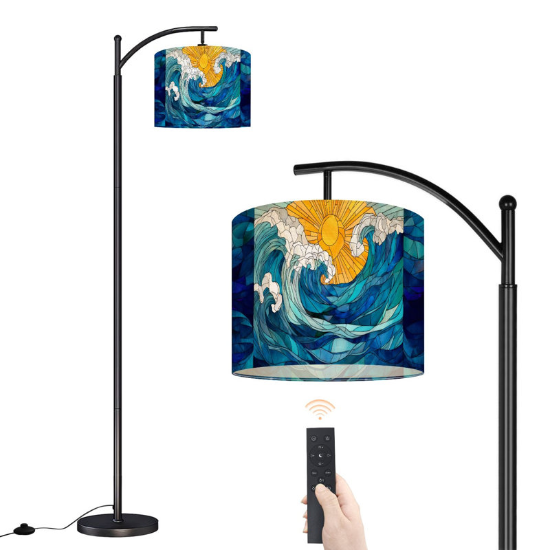 Lampe sur pied à arc avec abat-jour réglable en verre coloré Ocean Waves Sunburst Blue Yellow
