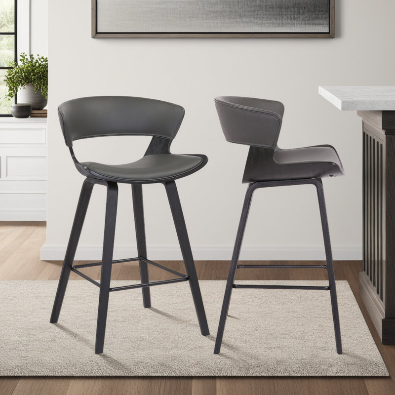 Allon Modern 26" Counter Height Bar Stool with Open Back and Footrest in Wood, Faux Leather, Grey Faux Leather, Black