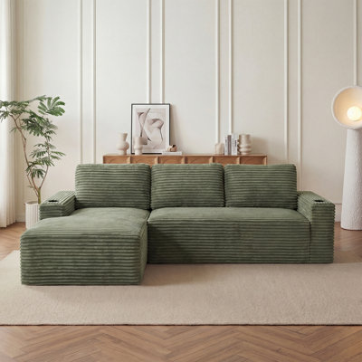 Canapé modulaire en forme de L de 104 po de largeur avec canapé en velours côtelé rembourré sans os avec méridienne et porte-gobelet