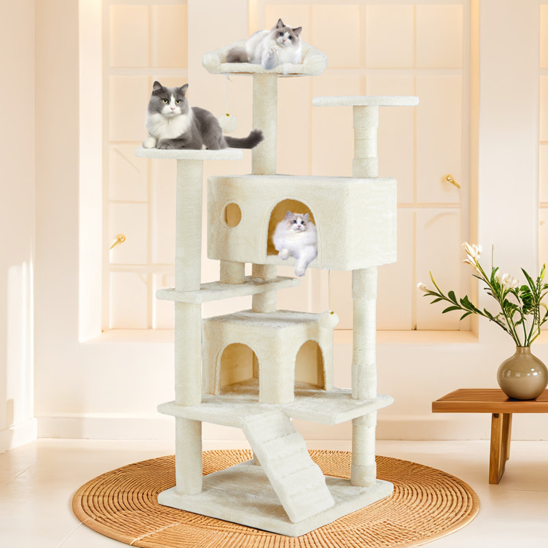 Arbre à chat multifonctionnel beige de 137 cm avec jouets détachables, Beige