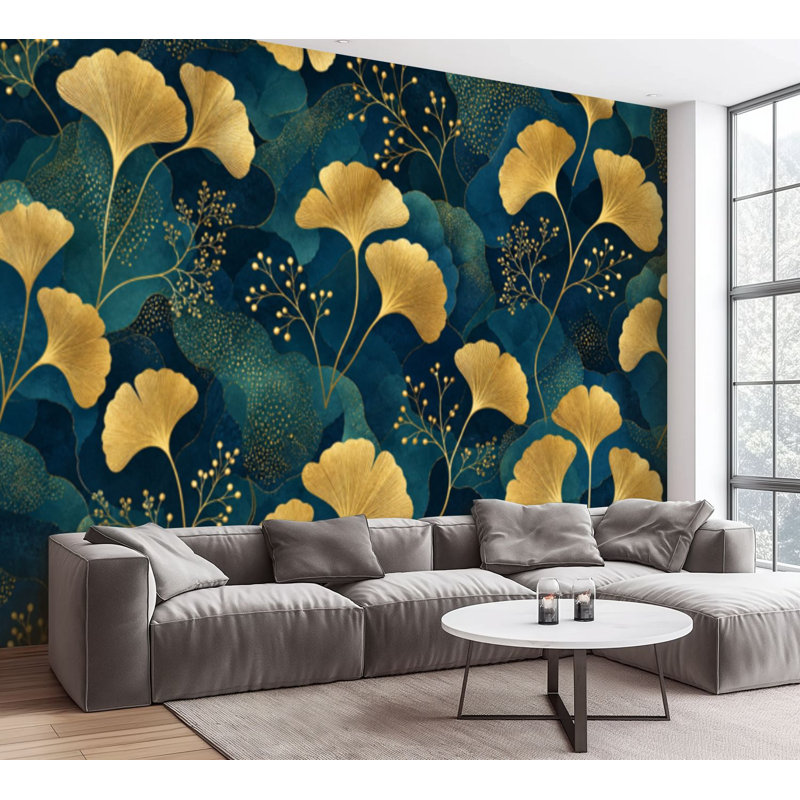Papier peint adhésif peler et coller sans soudure feuille de gingko doré et feuilles vertes à l'infini Idéal pour la décoration murale en papier autocollant amovible pour le salon Chambre à coucher H 100 po x l 144 po