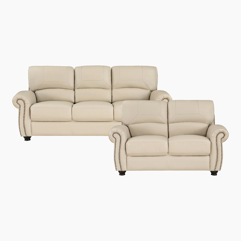 Ensemble de salon en cuir grainé de qualité supérieure 2 pièces Neoga, Similicuir crème