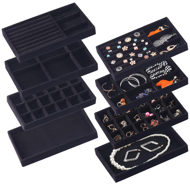 Paquet de 8 plateaux empilables pour organisateur de bijoux pour tiroirs, présentoir à bijoux avec rangement pour vitrines et séparateurs amovibles - noir