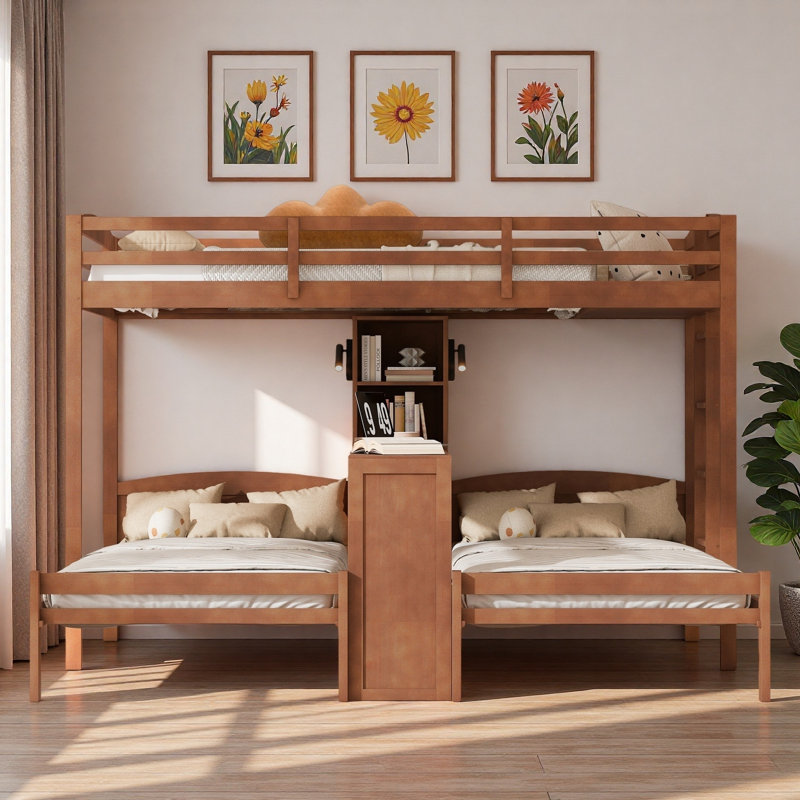 Lit superposé 3 lits en 1 avec bureau intégré, tablettes de rangement et lampe de lecture, Naturel
