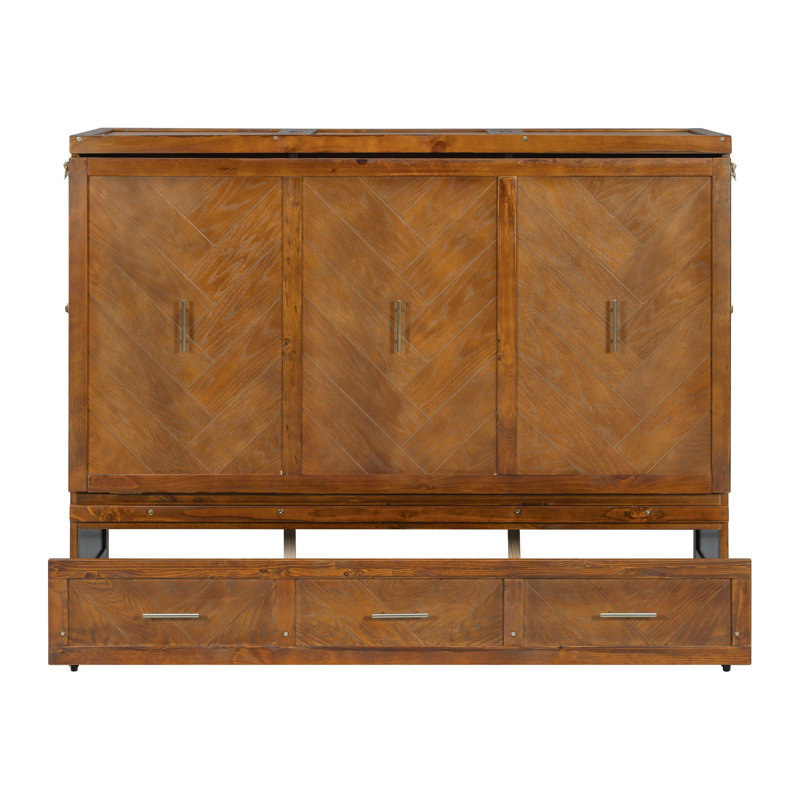 Grand lit escamotable, armoire-lit en bois de pin avec station de charge USB intégrée et panneau de décoration géométrique, noyer