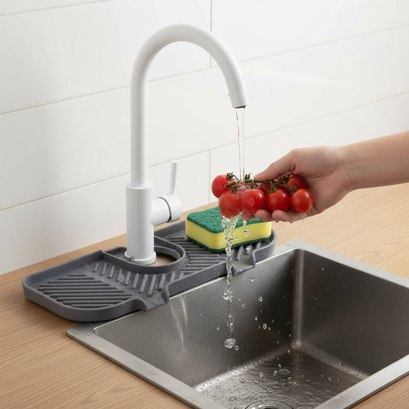 Kitchen Faucet Drain Mat - Silicone Sink Splash Guard Pad For Organizing Cleaning Supplies & Preventing Water Mess, Gray