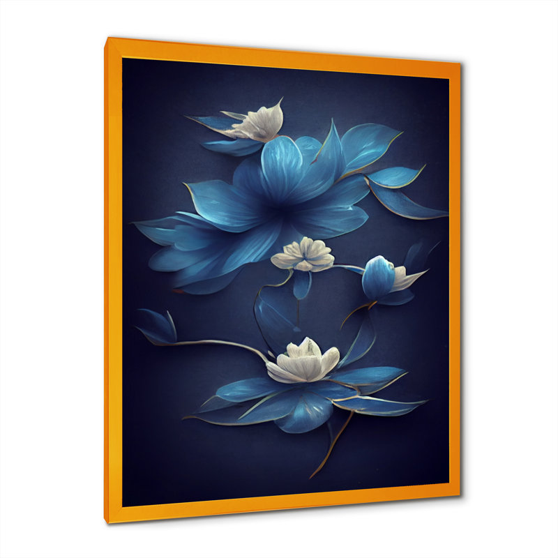 Fleurs chinoises bleues et blanches I - reproduction sur toile, H 32 po x l 24 po x P 1 po, Toile avec cadre doré