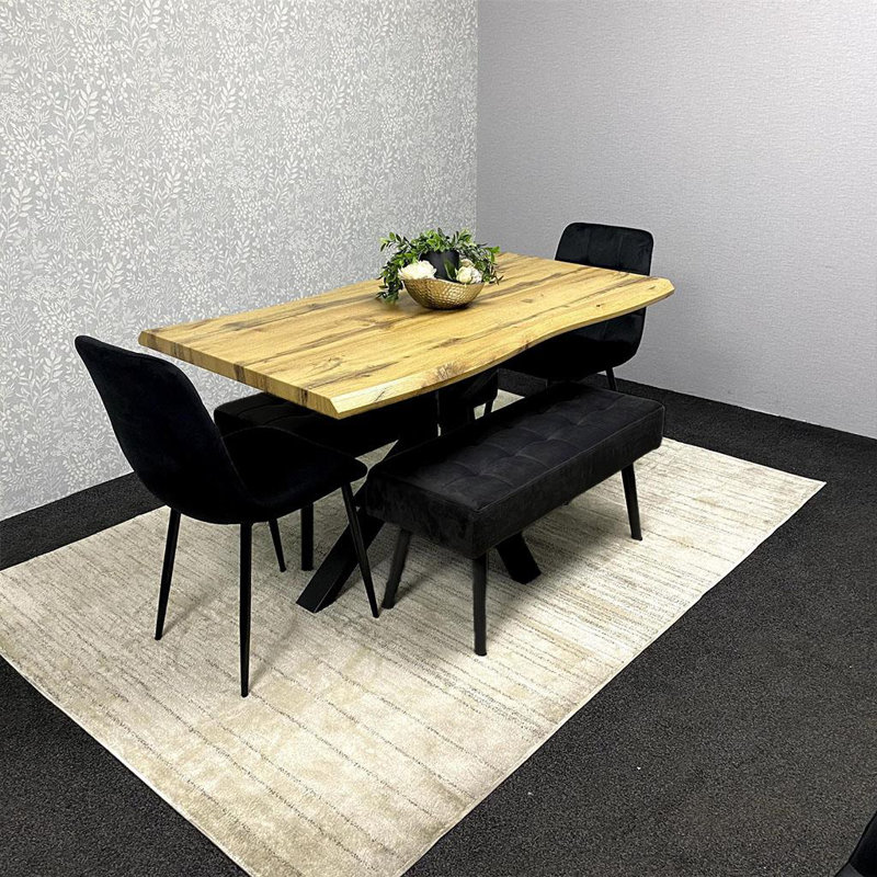 MDF Dining Set with Velvet Chairs & Tufted Velvet Bench, Black, 75"H x 140"L x 80"W