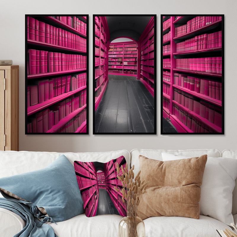Ensemble de salon bibliothèque et bibliothèque rose, H 28 po x l 36 po x P 1 po, Toile avec cadre flottant noir