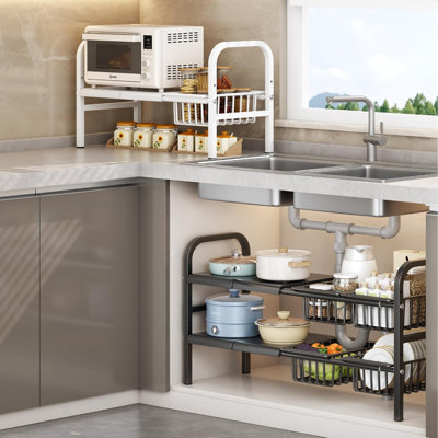 Organisateur extensible sous l'évier avec tablettes en métal robustes à 2 niveaux, panneaux amovibles et paniers de rangement pour la cuisine ou la salle de bain